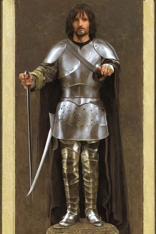 Prompt: aragorn with medieval armour, sit on throne, bouguereau