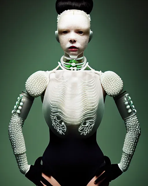 Image similar to portrait of a woman wearing a white embroidered translucent silicone mask and white green frizzy hair buns, wearing a black bodysuit by alexander mcqueen, cream white background, soft diffused light, biotechnology, humanoide robot, bjork aesthetic, translucent, by rineke dijkstra, intricate details, highly detailed, masterpiece,