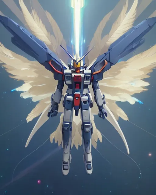 Image similar to highly detailed vfx portrait of an angelic gundam with wings of feathers beam saber fighting in space with a beam gun, unreal engine, greg rutkowski, loish, rhads, beeple, makoto shinkai and lois van baarle, ilya kuvshinov, rossdraws, tom bagshaw, alphonse mucha, global illumination, detailed and intricate environment