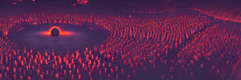Image similar to a crowd of worshipers praying to a portal to hell, by Antoine Collignon, luminous lighting, cinematic, panoramic, aspect ratio 1:3