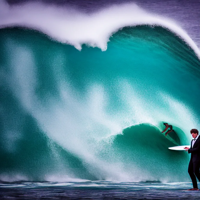 Prompt: man in black suit surfs carpet which looks like ocean wave in nazare, furniture around, business surrounding, dslr, insane details, hyper reallistic, 8 k, clear face and eyes, ultra clear detail, hdr, textured, award winning, professional photography