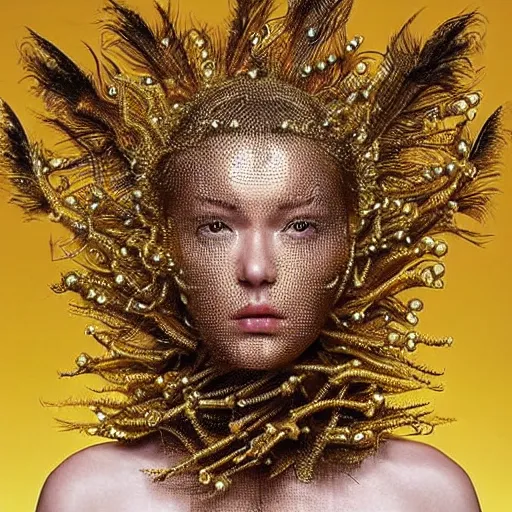 Prompt: a woman with a weird golden head piece on her head, a flemish Baroque by Alexander McQueen, trending on pinterest, hyper realistic vfx simulation, made of paperclips, made of insects, made of feathers,