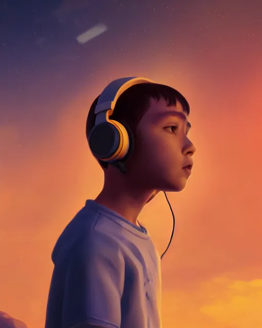 Image similar to boy with headphones looking into the sky, psychedelic trip, cinematic shot, epic composition, fine details, octane render, 8 k, depth of field, concept art, oil painting, digital art, deviantart artstation, extremely detailed, very sharp,