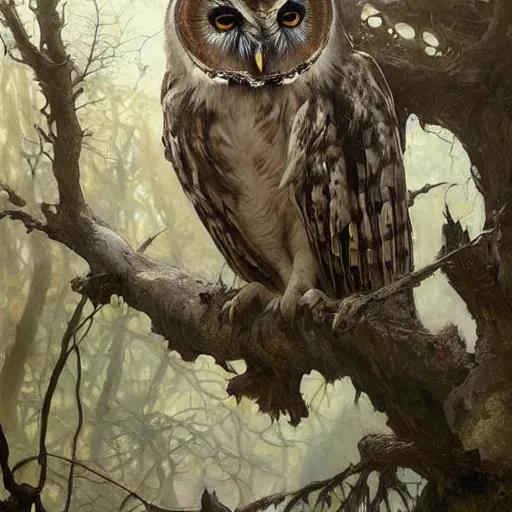 Prompt: masterpiece painting of a a majestic owl with wide eyes, perched on rustic tree branch, by Greg Rutkowski and John Collier and Krenz Cushart and Artem Demura and Alphonse Mucha and Albert Aublet, as seen on ArtStation, 4k, dungeons and dragons, very aesthetic, very detailed, intricate, unreal, fantasy, dramatic, painterly, artstation, sharp focus, smooth