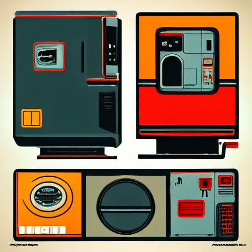 Prompt: retrofuture style game model of giant robot monster from trash household appliances. washing machine and microwave as parts of the robot body. iron as robot head. robot hands from vacuum cleaner hoses. rich colors, high contrast, gloomy atmosphere, black background. trending on artstation. unreal engine.