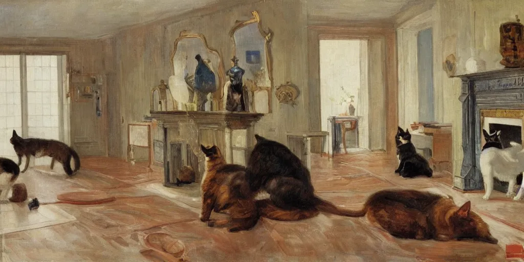 Prompt: interior of a modern los angeles mansion with two cats, by carl ludwig jessen, oil on canvas, 1908