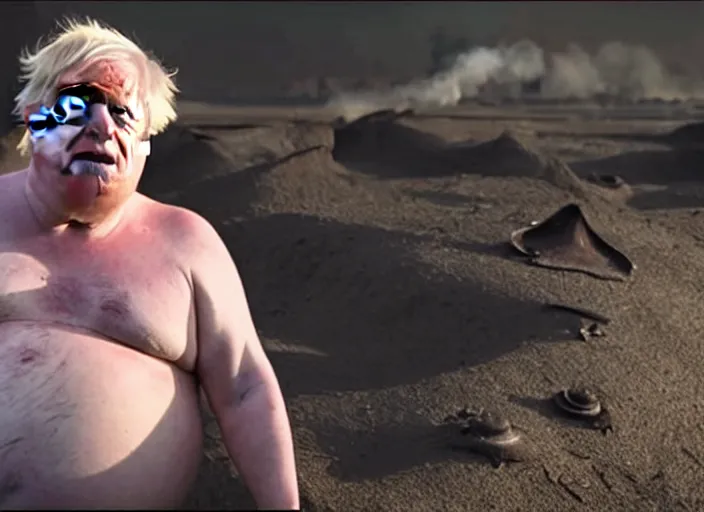 Image similar to boris johnson as baron harkonnen in a black oil bath in a still from the film Dune (2021)