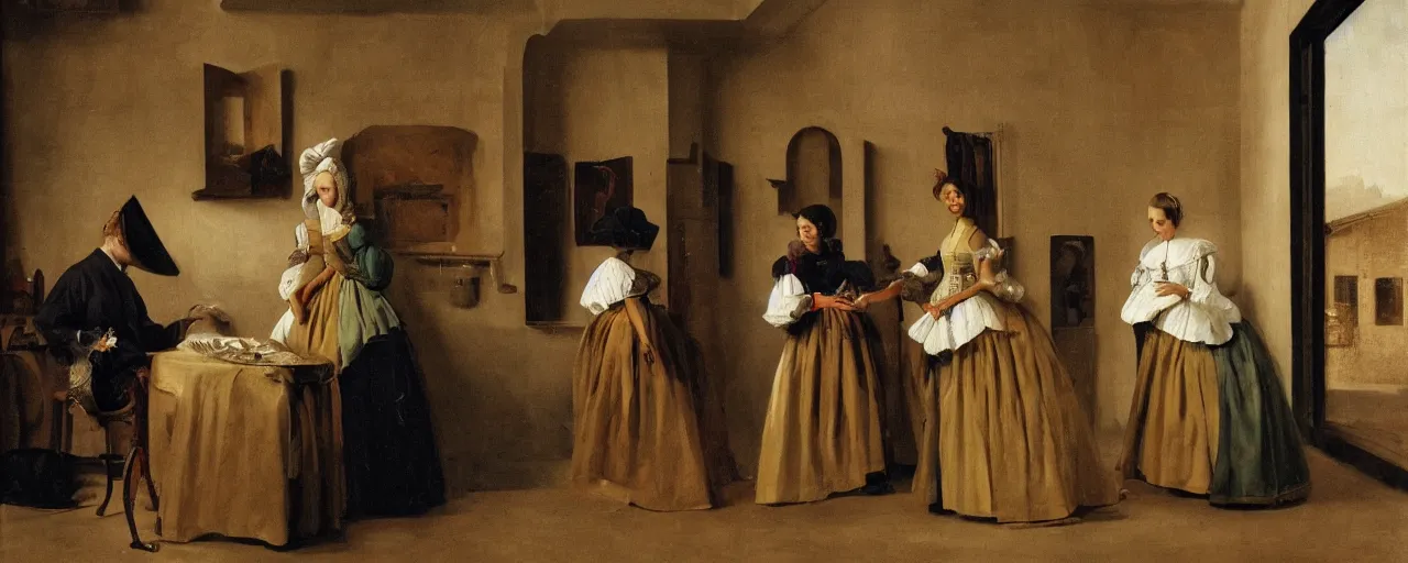 Prompt: photorealistic puerto rican fashion designer clothe in tetradic color scheme, pieter de hooch lighting