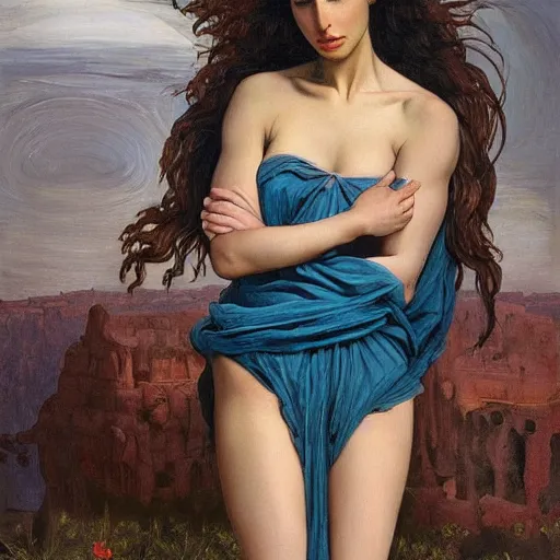 Image similar to Oil painting of the beautiful woman Gal Gadot, she is wearing some withe old cloths and a surreal ornate, her hair is natural disheveled, she has an ancient italian village as background, naturalism, dramatic lighting, high-detailed oil painting by Ilya Repin, Michelangelo da Caravaggio, William Blake, Alex Grey and Beksinski, trending on Artsatio, masterpiece, 4k, 8k,