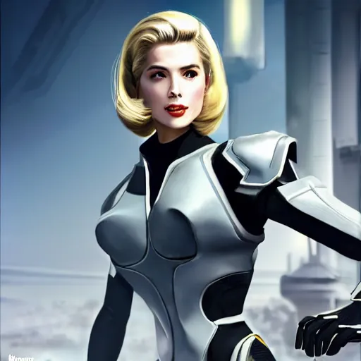 Image similar to A combination of Grace Kelly's and Ada Wong's and Ashley Greene's appearances with blonde hair wearing Interceptor's armor from Anthem, high tech, action shot, angular, full body portrait, futuristic, dramatic, fantasy, intricate, elegant, highly detailed, artstation, matte, sharp focus, 8K, art by Artgerm and Greg Rutkowski and Alphonse Mucha