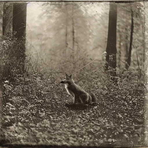 Prompt: A sepia-toned wet plate photograph, analog, of a fox playing banjo in a forest, circa 1912