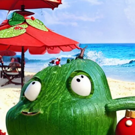 Prompt: cocumber makes holiday on a beach, pixar style