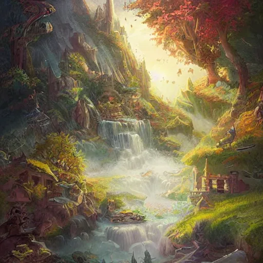 Image similar to fantasy book cover painting, a lively landscape in the country by Ross Tran