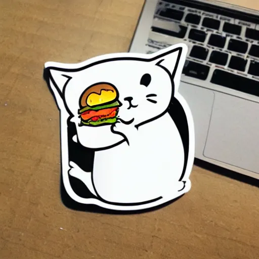 Image similar to cat eating burger, sticker illustration
