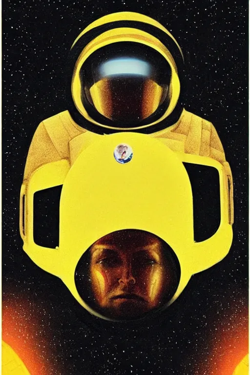 Prompt: poster art, movie poster, retrofuturism, sci - fi, textured, paper texture, 2 0 0 1 : a space odyssey by edward valigursky, yellow space suit