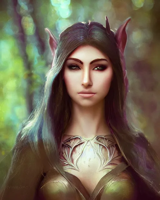 Prompt: A beautiful, fully clothed elven maiden with a realistic face; portrait by Craig Mullins; bokeh, 90mm, f/1.4