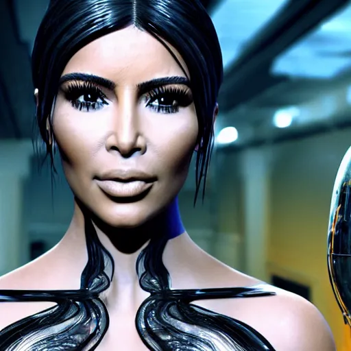 Prompt: epic still of a kim kardashian with trapped in a transparent alien liquid, wet flowing hair, gooey skin, illustration, unreal engine 5, 8 k, made by h. r. giger