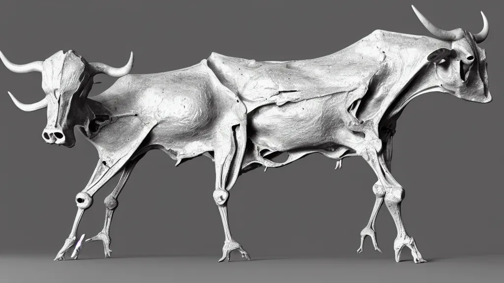 Image similar to stylized shiny polished silver statue full body bizarre extra limbs cosmic horror quadruped animal cow bovine skull four legs made of creature tendrils perfect symmetrical body perfect symmetrical face hyper realistic hyper detailed by johannen voss by michelangelo octane render blender 8 k displayed in pure white studio room anatomical deep red arteries veins flesh