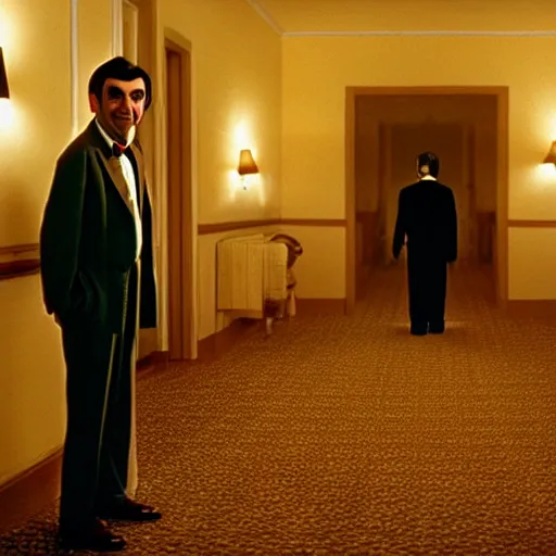 Image similar to mr bean in the shining. here is johny! movie still, cinematography, cinematic lighting