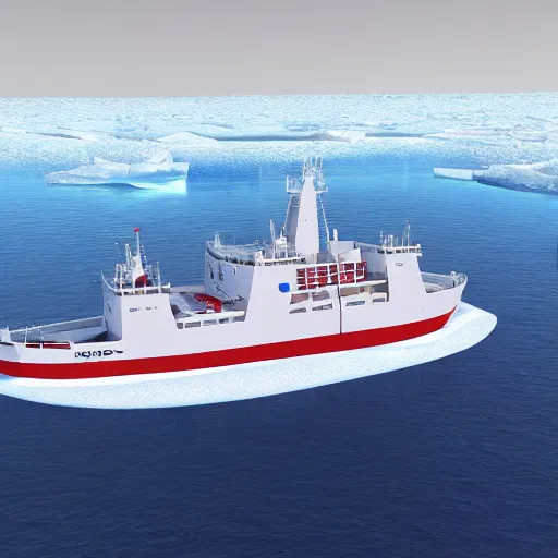 Image similar to icebreaker ship vessel sailing in ice polar water, ice floe, realistic detailed, wide shot