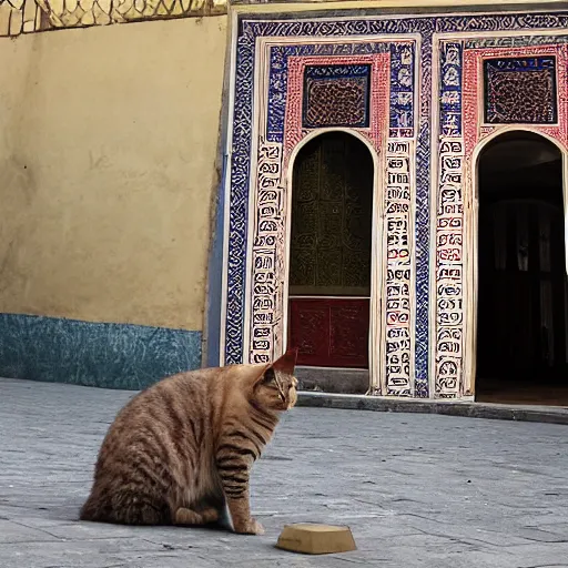 Image similar to A giant cat sitting next to a mosque in Istanbul, daytime, photorealistic, 4K, HD, award winning