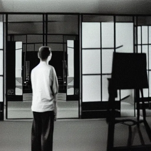 Image similar to a guy standing in a room with computer screens lining the walls, faded effect, photograph, kodak film, realism,