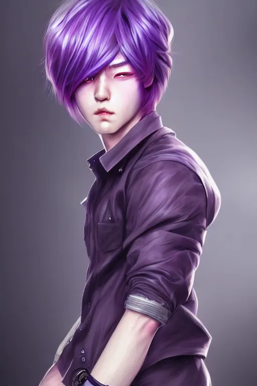 Prompt: gorgeous!!! hyper - realistic teenager boy with purple hair, purple eyes with red eye markets, slim body, wearing combat japanese clothes, holding a fan | drawn by wlop, drawn by jeehyung lee, drawn by artgerm | intricate, highly detailed, digital painting, character design, concept art, illustration, artstation