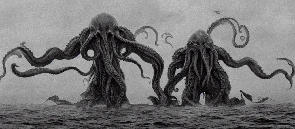 Image similar to A Still of one giant Cthulhu emerged from the ocean, water dripping off him, Cthulhu is gigantic, a tiny boat in the water beneath Cthulhu, you can see this from the beach looking out into a dark a storming ocean, Move shot film, gloomy very misty, Cthulhu is going towards a city, you can see a city next to a beach