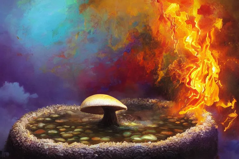 Image similar to highly detailed oil painting of a dinosaur ( ( mushroom ) ) in a steaming colorful hotspring, featured on artstation