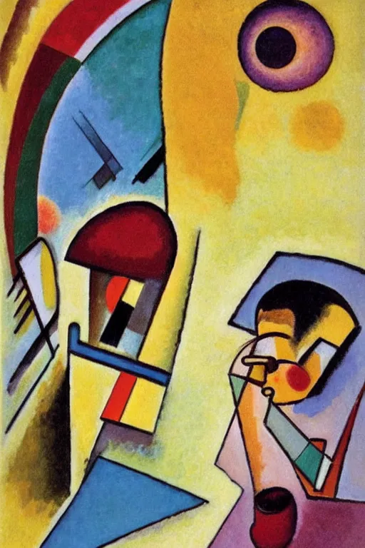 Image similar to It's morning. Sunlight is pouring through the window bathing the face of a man enjoying a hot cup of coffee. A new day has dawned bringing with it new hopes and aspirations. Painting by Kandinsky, 1939