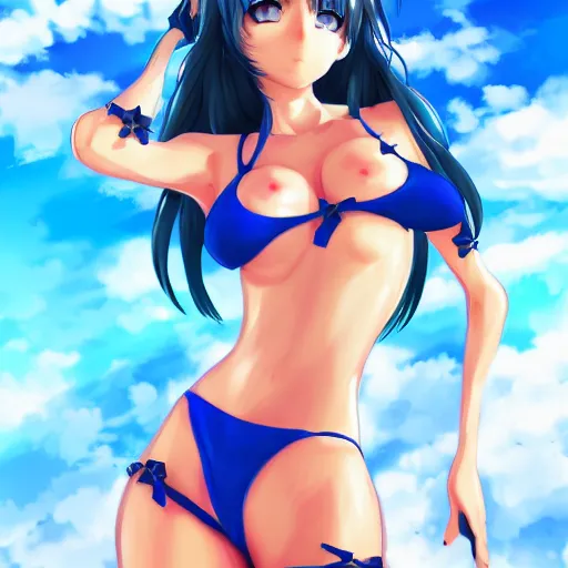 Prompt: a detailed full body portrait of a pretty anime girl in bikini with blue eyes, digital concept art illustration, incredibly detailed and realistic, 8 k, sharp focus