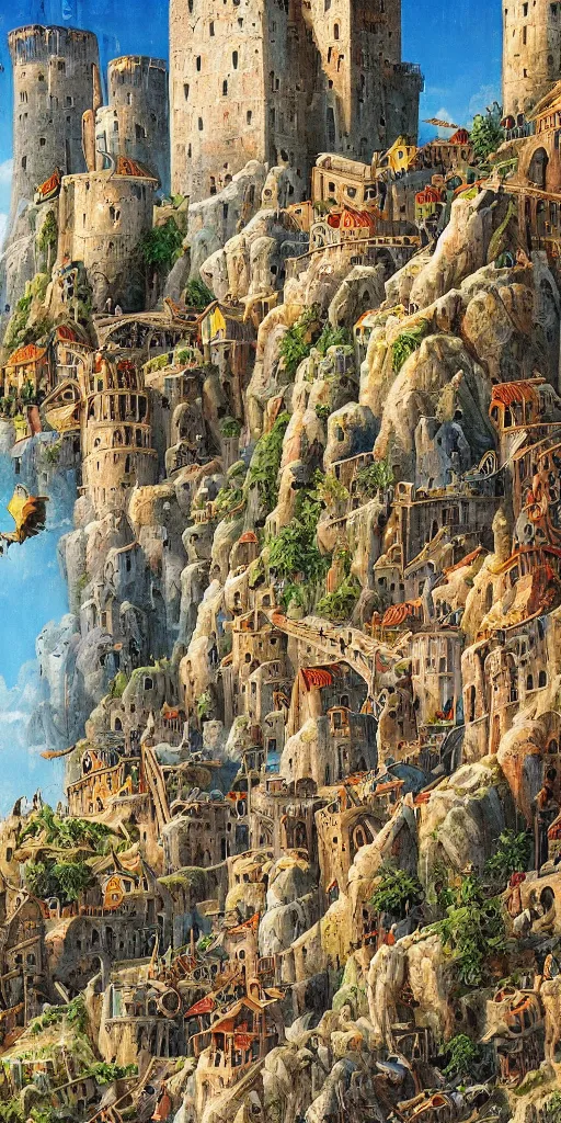 Image similar to goats in a tall citadel with tall towers and long stairs, colorful, beautiful, highly detailed