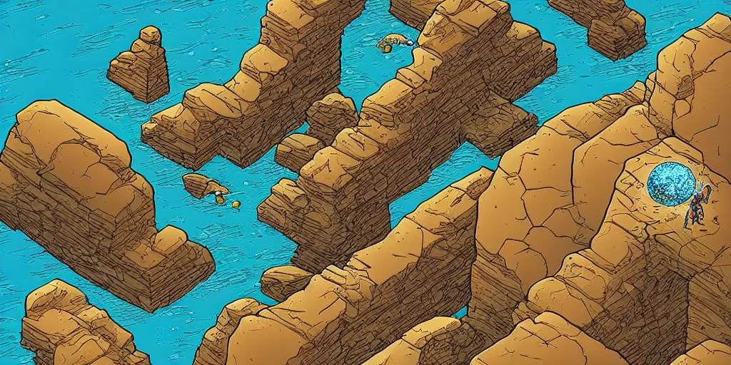 Image similar to isometric science fiction art of a rocky landscape. isometric perspective. science fiction art. alien world. moebius