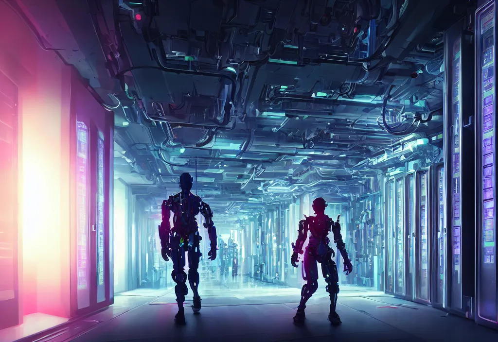 Image similar to shot of film cyborg walking in detailed server room in data center, character design, great composition perspective, vivid color, complementary color, detailed, sharp lines, trending on artstation, volumetric lighting, dramatic lighting by yoichi hatakenaka, cyberpunk art by asher brown durand