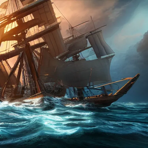 Image similar to ancient ship battle, highly detailed, photorealistic portrait, bright studio setting, studio lighting, crisp quality and light reflections, unreal engine 5 quality render