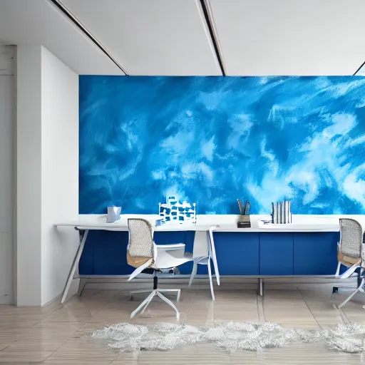 Prompt: interior design of a beautiful and cozy office, blue and white color scheme, pour paint art as wall texture, white furniture, photo realist, 4 k