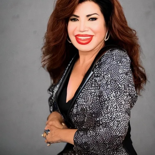 Image similar to dslr photo portrait still of 5 1 year old age 5 1 selena quintanilla at age 5 1!!!, 8 5 mm f 1. 8, studio lighting, vogue