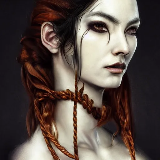 Image similar to portrait of a Shibari rope wrapped face and neck, headshot, insanely nice professional hair style, dramatic hair color, digital painting, of a old 13th century, traveler, amber jewels, baroque, ornate clothing, scifi, realistic, hyperdetailed, chiaroscuro, concept art, art by Franz Hals and Jon Foster and Ayami Kojima and Amano and Karol Bak,