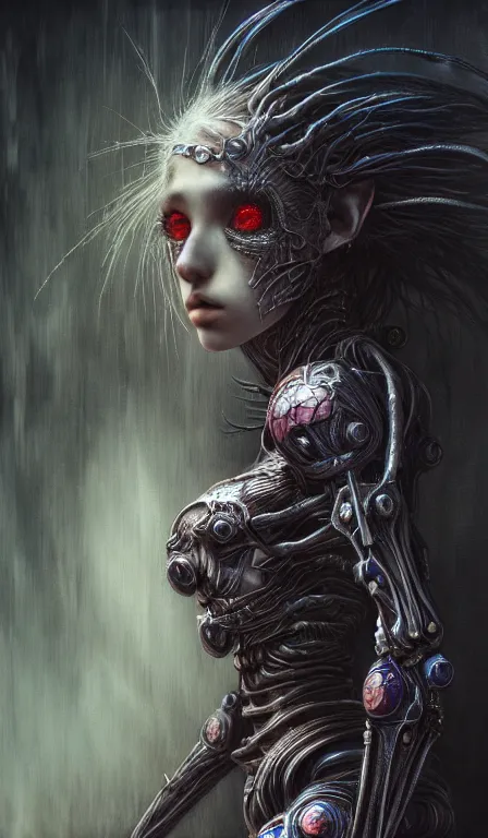 Image similar to a highly detailed long shot photo of cybergoth female character by ayami kojima, elf, beksinski, giger, elf, intricate, digital painting, artstation, concept art, smooth, sharp focus, full body shot