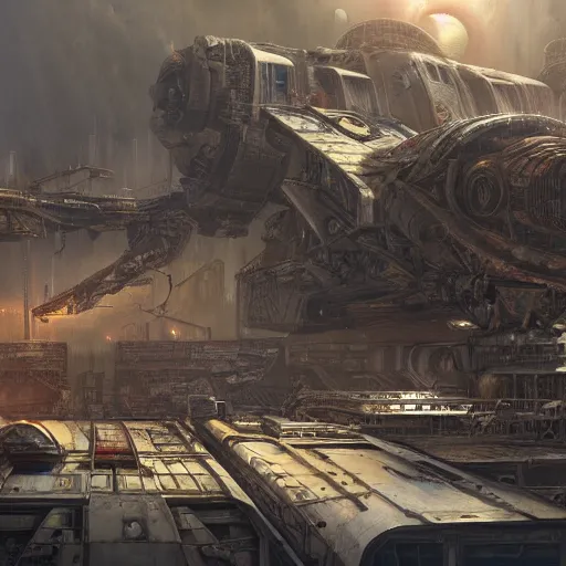 Image similar to a beautiful highly detailed matte painting of a huge derelict cargo starship, Space Hulk, WarHammer 40k by Jose Daniel Cabrera Pena and Leonid Kozienko, concept art