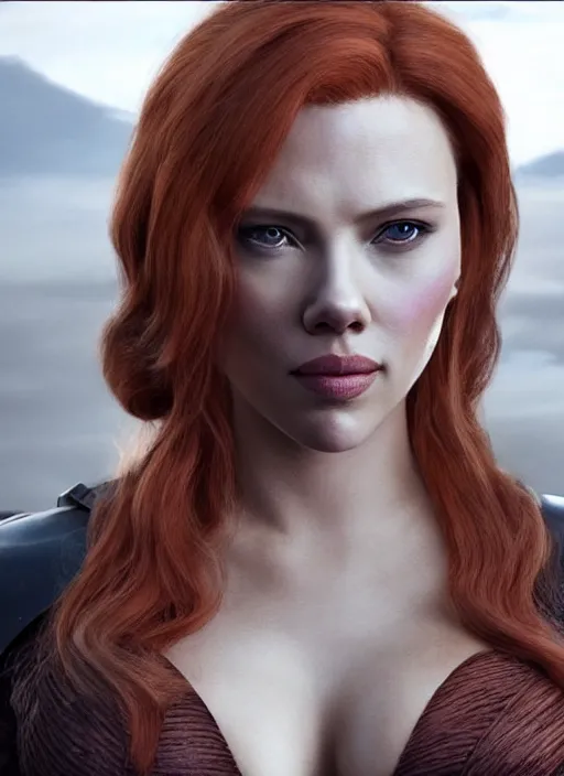 Image similar to scarlett johanson portraying a beautiful mara jade from star wars legends, in a black suit, without lightsaber, movie, hyper realistic, hollywood promotional image, imax, 8 k