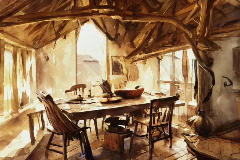 Image similar to paint brush strokes, abstract watercolor painting of rustic village house, medieval straw roof, scandinavian viking age, ambient lighting, art by hans dahl, by jesper ejsing, art by anders zorn, wonderful masterpiece by greg rutkowski, cinematic light, american romanticism by greg manchess, creation by tyler edlin