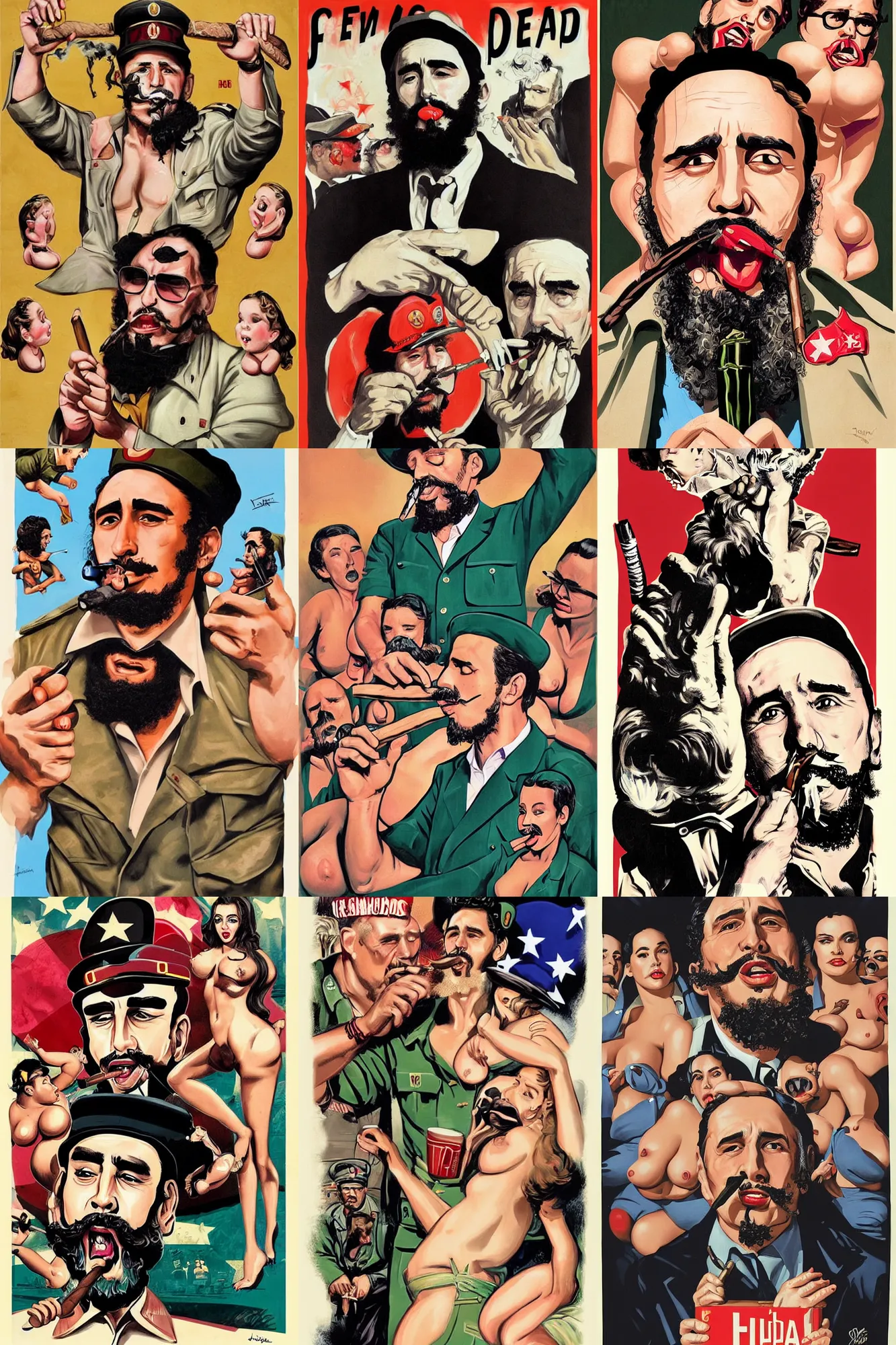 Prompt: james franco as the cuban dictator fidel castro smoking a large cigar, surrounded by voluptuous babes. lowbrow pop surrealism aesthetic, contemporary art illustration, mad magazine illustration, tom richmond illustration, mort drucker illustration