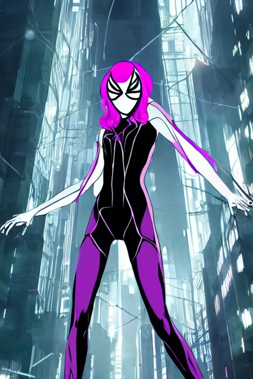 Image similar to a portrait of spider gwen in the style of cyberpunk,, single head, no double head,