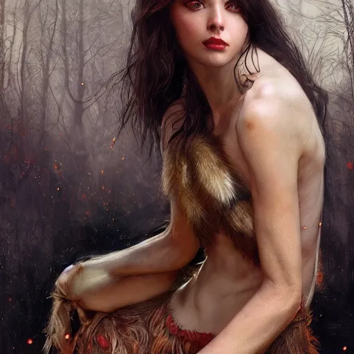 Image similar to of a beautiful brunette woman with a wolf intricate skin, fur, silicone cover, elegant, peaceful, full body, horns, hyper realistic, extremely detailed, dnd character art portrait, fantasy art, intricate fantasy painting, dramatic lighting, vivid colors, deviant art, artstation, by edgar maxence and caravaggio and michael whelan and delacroix