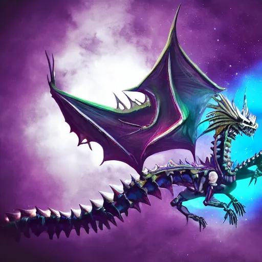 Prompt: Full Skeleton Dragon Creepy cosmic color scheme Unreal Engine