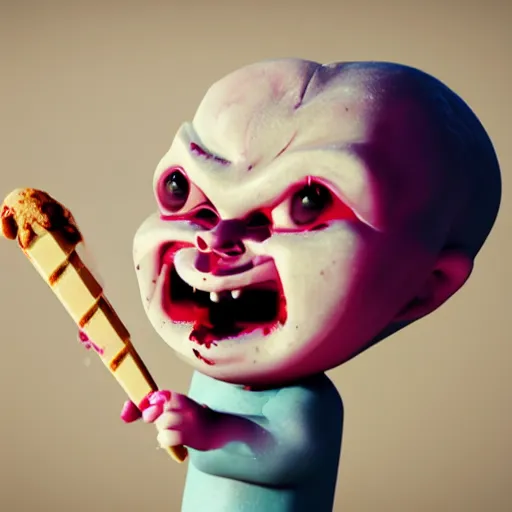 Image similar to ice cream popsicle shaped like screaming chucky doll, octane render, centered, highly detailed