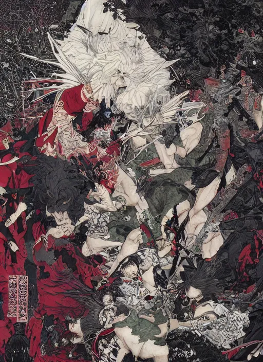 Image similar to battle between good and evil , battle between angels and demons, by and Takato Yamamoto and Yoshitaka Amano, high resolution, ultra detailed