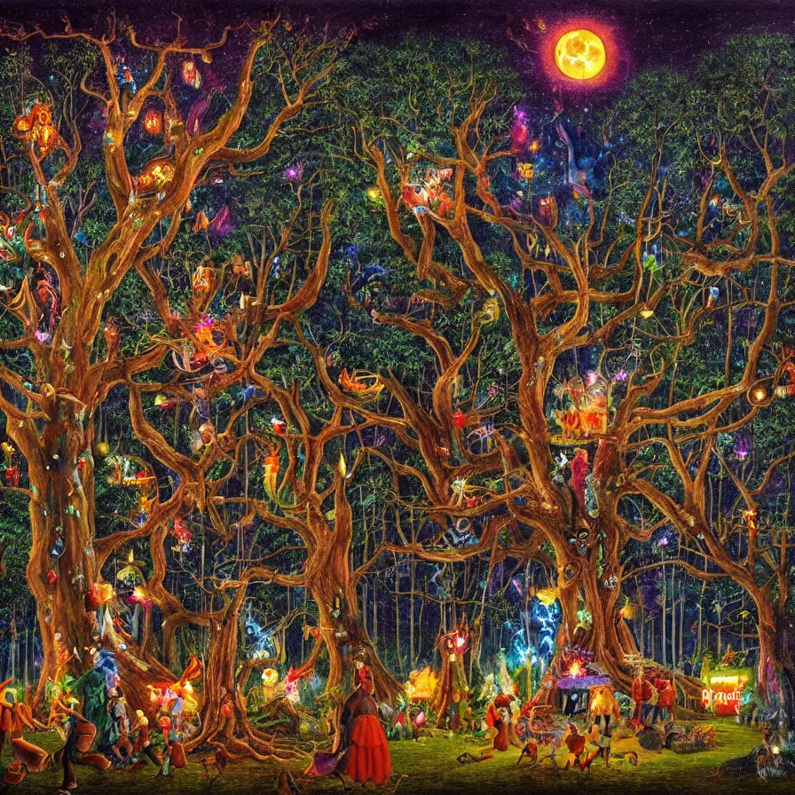 Image similar to a night carnival around a magical tree cavity, with a surreal orange moonlight and fireworks in the background, next to a lake with iridiscent water, christmas lights, folklore animals and people disguised as fantastic creatures in a magical forest by summer night, masterpiece painted by peter von cornelius, dark night environment