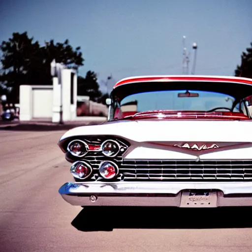 Prompt: 3 5 mm film photo of a white 1 9 6 0 s chevy impala with a red interior outside an old gas station